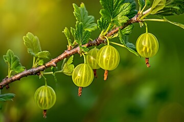 Green Gooseberries on Branch in Lush Garden Setting