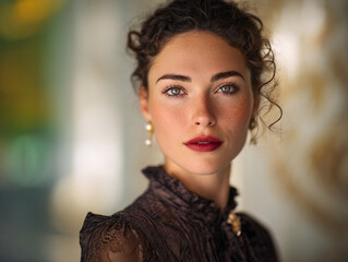 Portrait of a beautiful woman with freckles and green eyes in a vintage lace blouse