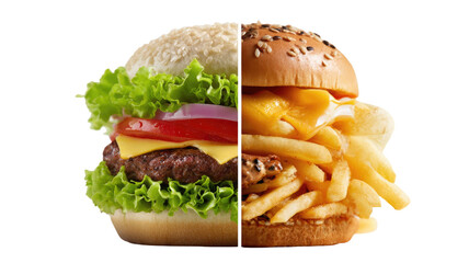 half healthy burger with fresh vegetables and half cheesy fries burger comparison fast food isolated on white background