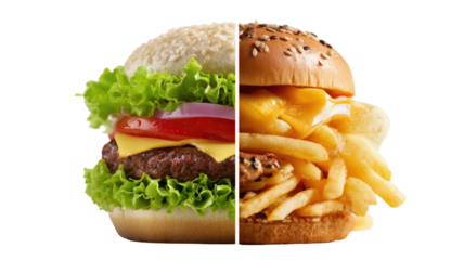 half healthy burger with fresh vegetables and half cheesy fries burger comparison fast food isolated on white background