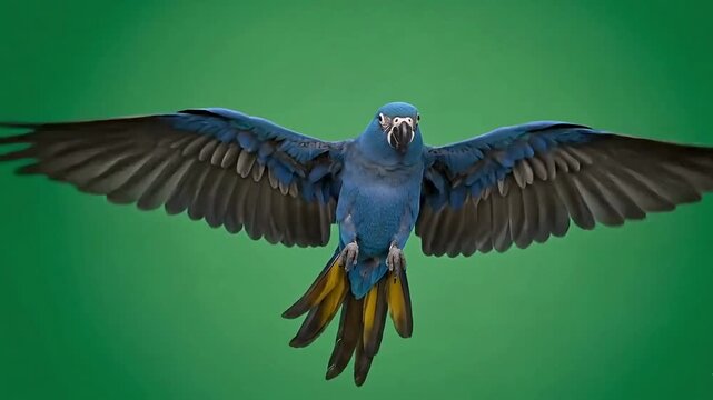 Vibrant blue parrot in mid-flight with outstretched wings on green background