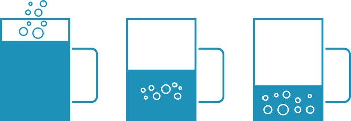 Mugs with carbonated drinks and beer, vector icons of glasses with soda, carbonated bubbles