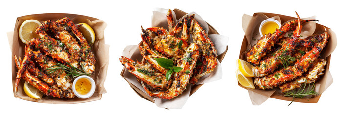 Set of Grilled coconut crab legs with herbs and lemon slices served in brown paper tray isolated on white background, seafood meal