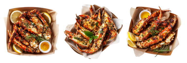 Set of Grilled coconut crab legs with herbs and lemon slices served in brown paper tray isolated on white background, seafood meal