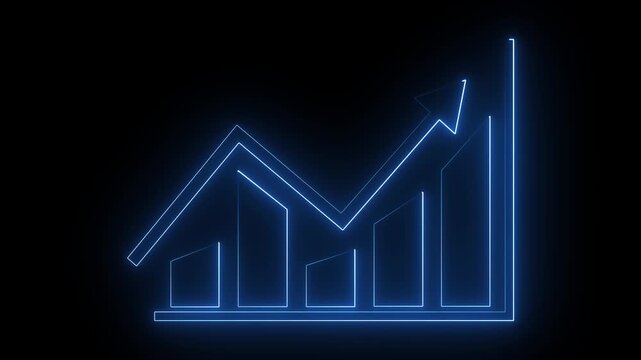 Glowing neon blue color business graph icon animation business report presentation growth bar chart line finance stock marketing success profit trend up and down arrow on black background. 4k video.