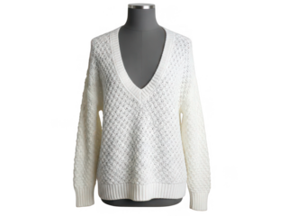 White knitted sweater with deep v-neck isolated on transparent background