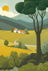 Obraz premium Fields rolling hills and mountains farm landscape background illustration with countryside mountains, sunrise sun, clouds and trees. Original rural background drawing in vintage pointillism dot style