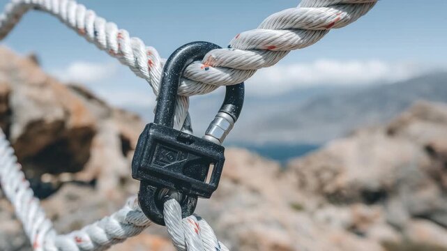 21Detailed macro view of a locking carabiner gate mechanism, spring tension and metal finish clearly visible, blurred rope and harness in background, rock climbing belay hardware, sa