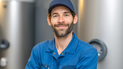 Friendly maintenance worker in blue jumpsuit and cap at industrial facility