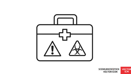 Line art icon of a first aid kit or emergency box with a medical cross, a general warning sign, and a biohazard symbol.