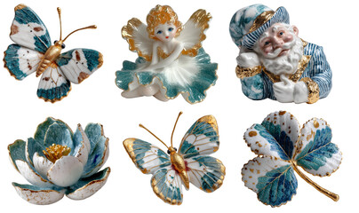 decorative porcelain angel and butterfly figurines with blue and gold details isolated on white background, vintage fantasy decor concept.