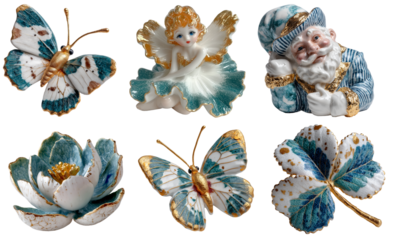 decorative porcelain angel and butterfly figurines with blue and gold details isolated on white background, vintage fantasy decor concept.
