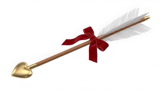Cupid arrow with heart shaped tip and red ribbon isolated on pure white background without shadows, valentines day symbol, ai generation