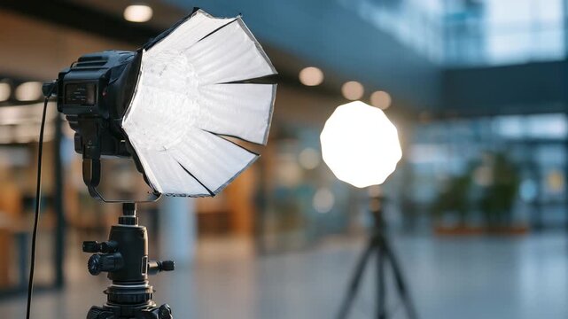 239Close-up of softbox light panel edges and diffusers, tripods in focus, blank white background behind, polished studio floor, ready-for-shoot indoor photography concept