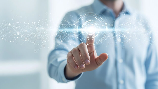 A businessman and young woman use their fingers to press buttons on a virtual touch screen, showcasing a global digital network concept driven by future technology and innovative web communication
