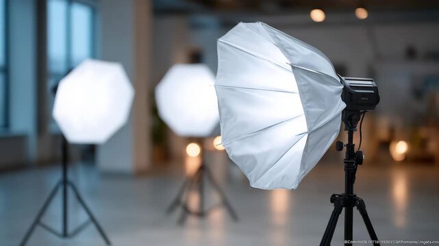 238Close-up of softbox light panel edges and diffusers, tripods in focus, blank white background behind, polished studio floor, ready-for-shoot indoor photography concept