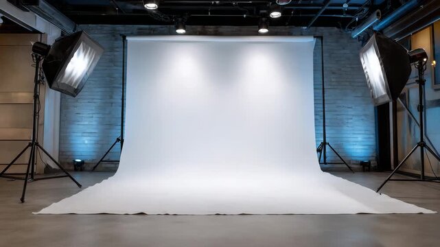 241Wide-angle shot of empty studio, white backdrop fully covering wall, two large softboxes angled toward center, floor and space free of clutter, creative indoor shoot environment