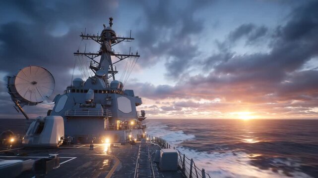 251Detailed close-up of a warship bridge with antennas, radar domes, and satellite equipment, navigation lights illuminated, sunset over calm ocean, modern naval technology and mariti