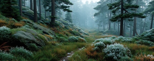 Moody pine forest in the mist with light snow on the ground creates a serene woodland