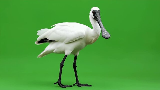 Elegant White Bird with Long Beak Posing Gracefully on Green Background.
