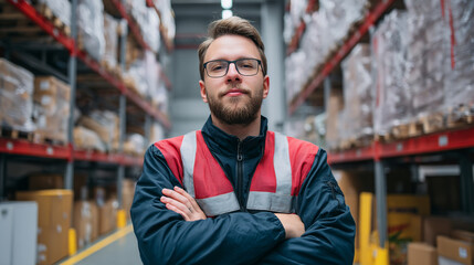 Confident logistic worker in safety gear standing in a large warehouse
