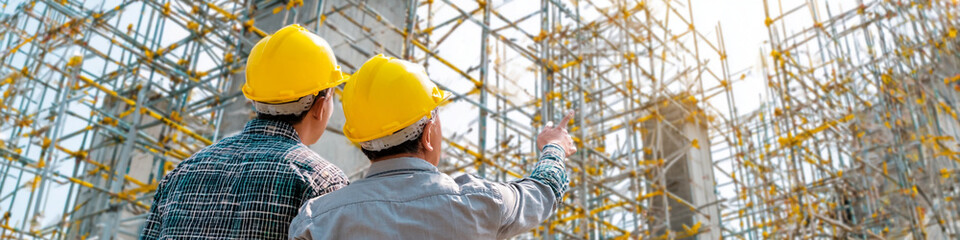 Construction workers in hard hats inspecting tall building scaffolding