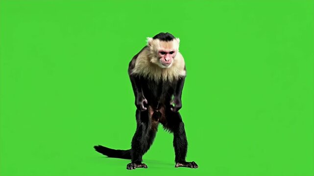 A Capuchin monkey standing upright with arms outstretched against a green background.