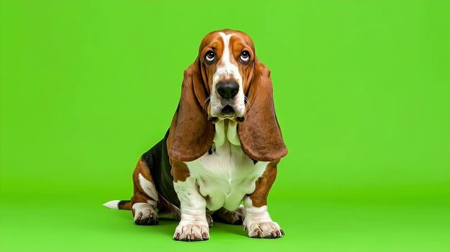 Adorable Basset Hound Dog Sitting on a Green Background.