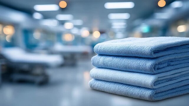 271Macro-style close-up of light blue surgical scrubs stacked neatly, folds crisp, soft focus background of clean hospital ward, order and sterile environment concept