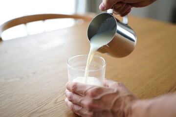 Milk Pouring into Glass - Close-up of Hands and Stainless Steel Pitcher