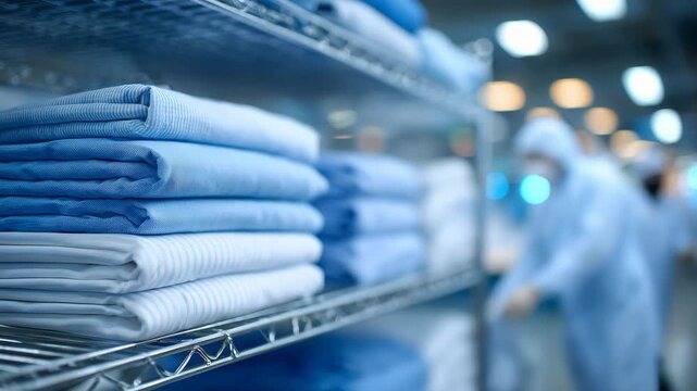 280Close-up of hospital scrubs and medical gowns folded and stacked on stainless steel shelving, light blue fabric highlighted by clean ambient light, clinical and sterile preparation