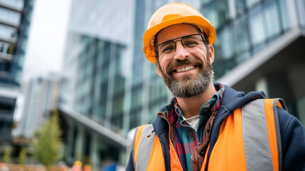 Portrait of a happy construction worker in hard hat at city job site