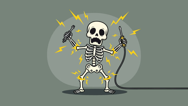 Skeleton electrocuted holding wires with sparks flying.