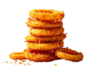  Crispy Fried Onion Rings Stacked in a Tall Pile, Front View, Isolated on Transparent Background