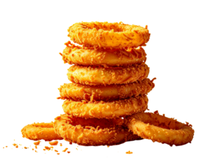  Crispy Fried Onion Rings Stacked in a Tall Pile, Front View, Isolated on Transparent Background