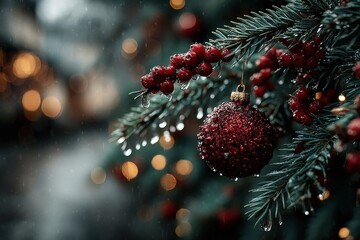 Close-up of a Christmas tree branch with a red ornament and frosted needles among warm lights