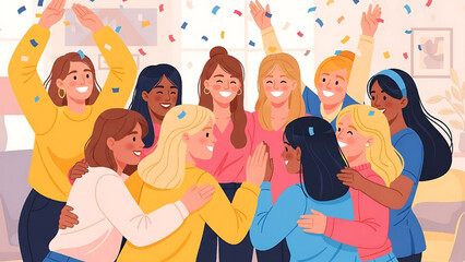Vibrant illustration capturing a diverse group of women celebrating togetherness and success, radiating joy and camaraderie amidst falling confetti