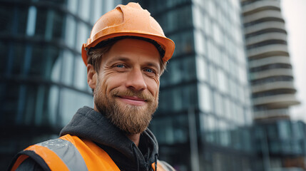 Smiling construction worker wearing orange hard hat and safety vest in front of modern city building.