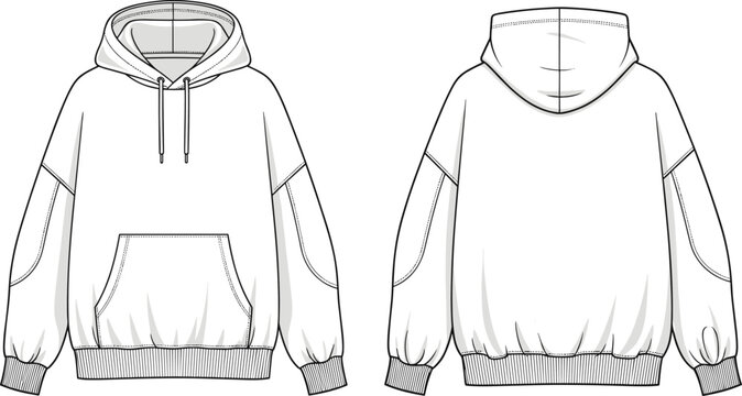 Men hoodie vector illustration, fashion technical flat, front and back view, sweatshirt design template, drawstring hood, pocket detail adobe stock