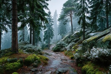 Misty pine forest path in Finland with mossy rocks, white blooms, and tranquil overcast atmosphere