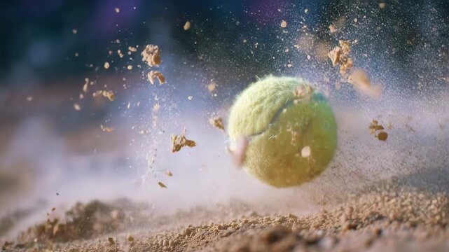 387Close-up of fuzzy tennis ball soaring through air, golden dust explosion around it, motion blur accentuating fast movement, intense game action concept