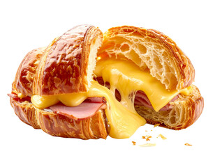 Ham and Cheese Croissant Sandwich with Cheese Stretch, Dynamic Close-Up, Isolated on Transparent Background