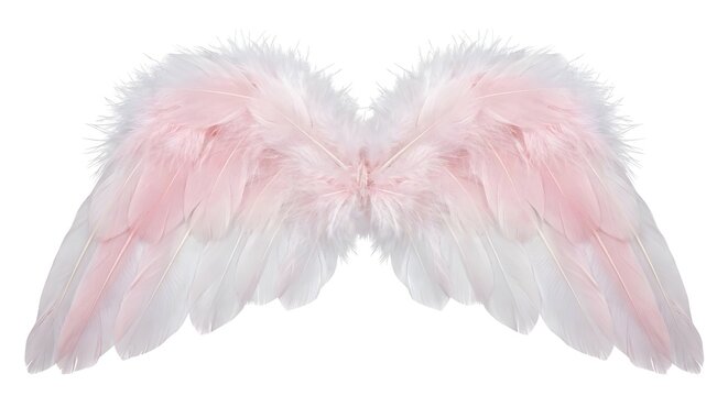 Small angel wings made of white and pink feathers isolated on pure white background, valentines day accessory, ai generation