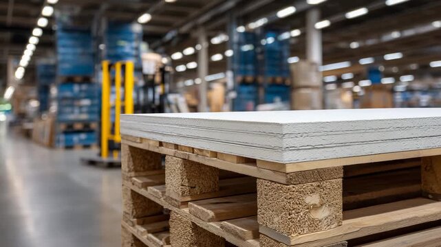 420Macro-style close-up of stacked plasterboards, wooden pallet supporting sheets, warehouse lighting accentuating smooth edges, building materials and home renovation concept