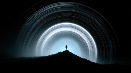 A lone figure stands silhouetted against a backdrop of cosmic rings