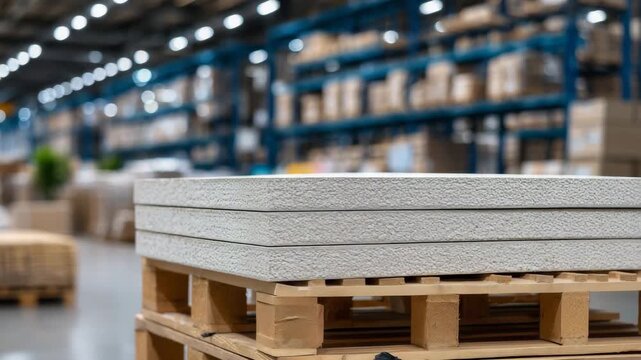 430Close-up of gypsum boards on wooden pallet, water-resistant sheets with visible edges, warehouse shelving and construction materials softly blurred behind, interior finishing prepa