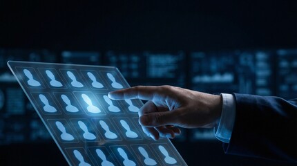 Businessman interacting with futuristic digital interface in dark room