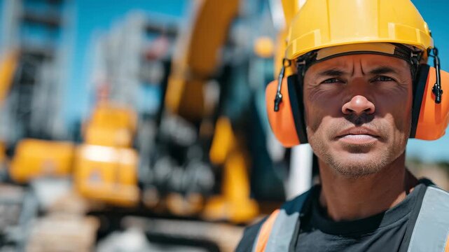 437Close-up of man&rsquo;s face partially visible under yellow hard hat, orange ear defenders on, heavy construction equipment in background, safety gear emphasizes noise and impact protect