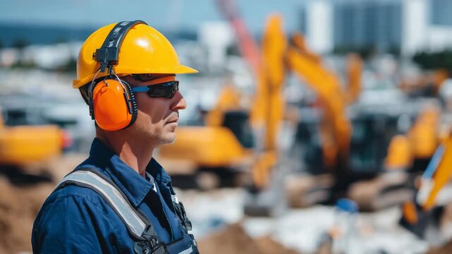 446Close-up of construction worker&rsquo;s profile, yellow hard hat and orange ear defenders, diggers and loaders in blurred motion behind, noisy worksite, protective gear highlighted