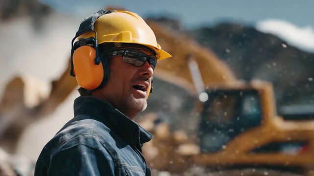 452Close-up of man wearing yellow hard hat and orange ear defenders, heavy machinery operating nearby, sunlight and dust in air, safety gear protecting from loud noise and impact, rea